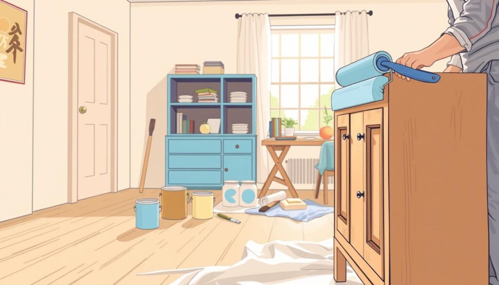 A step-by-step illustration of furniture painting, featuring a wooden cabinet in the foreground, being carefully painted with a roller brush in light blue. The painter, a person dressed in modest casual clothing, focuses intently on the process, showcasing smooth brush strokes. In the middle ground, tools like paint cans, brushes, and drop cloths are neatly organized, reflecting an orderly workspace. The background displays a well-lit room with warm natural light flowing through a window, creating a cozy atmosphere. The angle captures the scene from a slightly elevated perspective, emphasizing the action and the details of the painting process. The overall mood is instructional and inviting, perfect for beginners eager to learn about painting furniture. A step-by-step illustration of furniture painting, featuring a wooden cabinet in the foreground, being carefully painted with a roller brush in light blue. The painter, a person dressed in modest casual clothing, focuses intently on the process, showcasing smooth brush strokes. In the middle ground, tools like paint cans, brushes, and drop cloths are neatly organized, reflecting an orderly workspace. The background displays a well-lit room with warm natural light flowing through a window, creating a cozy atmosphere. The angle captures the scene from a slightly elevated perspective, emphasizing the action and the details of the painting process. The overall mood is instructional and inviting, perfect for beginners eager to learn about painting furniture.