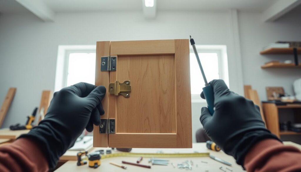 A step-by-step montage of installing cabinet hinges. In the foreground, a pair of hands, gloved and steady, hold a screwdriver as they carefully align a brass hinge with a wooden cabinet door. The middle layer showcases the cabinet door partially attached to its frame, revealing a clear view of the hinge installation process. In the background, a well-lit workshop is filled with tools: a measuring tape, a drill, and various types of screws neatly arranged on a workbench. Soft, natural light glows through a window, illuminating the workspace, creating a focused and industrious atmosphere. The angle captures the hands in action, ensuring clear visibility of the hinge and tools, emphasizing precision and craftsmanship in the installation process.