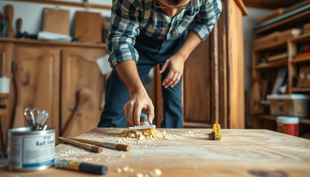 A step-by-step process of renewing an old wardrobe, showcasing the transformation journey of a wooden cabinet. In the foreground, a skilled craftsman in professional casual clothing is carefully sanding a vintage wooden wardrobe, with visible wood shavings scattered around. In the middle ground, an array of tools is organized neatly, including paintbrushes, a can of wood stain, and a measuring tape. The background features a well-lit workshop with warm, inviting lighting and wooden shelves filled with various supplies, creating a cozy atmosphere. The composition captures focus on the craftsman’s hands at work, emphasizing details such as the texture of the wood and the sheen of the new stain, evoking a sense of achievement and creativity in furniture restoration.