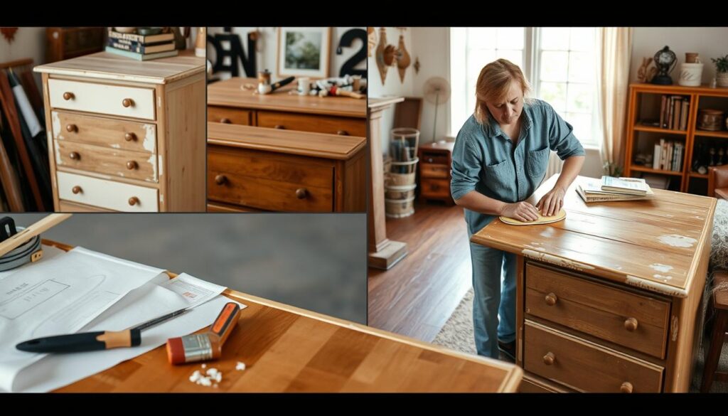 A step-by-step renovation of a wooden dresser, focusing on various stages of the process. In the foreground, a well-organized workspace featuring tools such as a paintbrush, sandpaper, and wood finish beside a partially stripped dresser with peeling paint. In the middle, a person dressed in modest casual clothing carefully sanding the surface of the dresser, showing concentration and dedication. The background reveals a cozy, well-lit room with soft natural light streaming through a window, highlighting the warmth of wooden furniture and decorations. The overall atmosphere is inviting, showcasing craftsmanship and the satisfaction of transforming an old piece into something beautiful.
