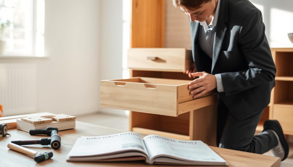 A step-by-step scene depicting the assembly of a wooden drawer cabinet. In the foreground, a neatly arranged assembly kit with tools like a screwdriver, hammer, and a measuring tape beside an open instruction manual. The middle ground showcases a partially assembled cabinet with visible dovetail joints, showcasing the craftsmanship. The background features a well-lit, airy room with natural light streaming through a window, casting soft shadows. A focused individual, dressed in smart casual attire, is intently working on the assembly, offering a clear view of their hands as they fit drawers into the cabinet frame. The atmosphere is calm and productive, emphasizing a sense of accomplishment in DIY furniture assembly.