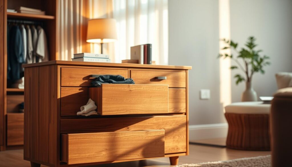 A stylish and elegant wooden chest of drawers, showcasing various functions in a cozy home interior. In the foreground, a beautifully crafted komoda with multiple drawers, some partially open, revealing neatly organized clothes. In the middle, a softly lit living room setting with warm, ambient lighting casting gentle shadows, emphasizing the texture of the wood. A few decorative items like books and a small plant are placed on top of the komoda to highlight its utility as a storage solution and display area. The background features a soothing pastel-colored wall and curtains allowing soft, natural light to filter through, creating an inviting and comfortable atmosphere. The perspective is slightly angled, offering a dynamic view of the komoda's design and functionality. A stylish and elegant wooden chest of drawers, showcasing various functions in a cozy home interior. In the foreground, a beautifully crafted komoda with multiple drawers, some partially open, revealing neatly organized clothes. In the middle, a softly lit living room setting with warm, ambient lighting casting gentle shadows, emphasizing the texture of the wood. A few decorative items like books and a small plant are placed on top of the komoda to highlight its utility as a storage solution and display area. The background features a soothing pastel-colored wall and curtains allowing soft, natural light to filter through, creating an inviting and comfortable atmosphere. The perspective is slightly angled, offering a dynamic view of the komoda's design and functionality.