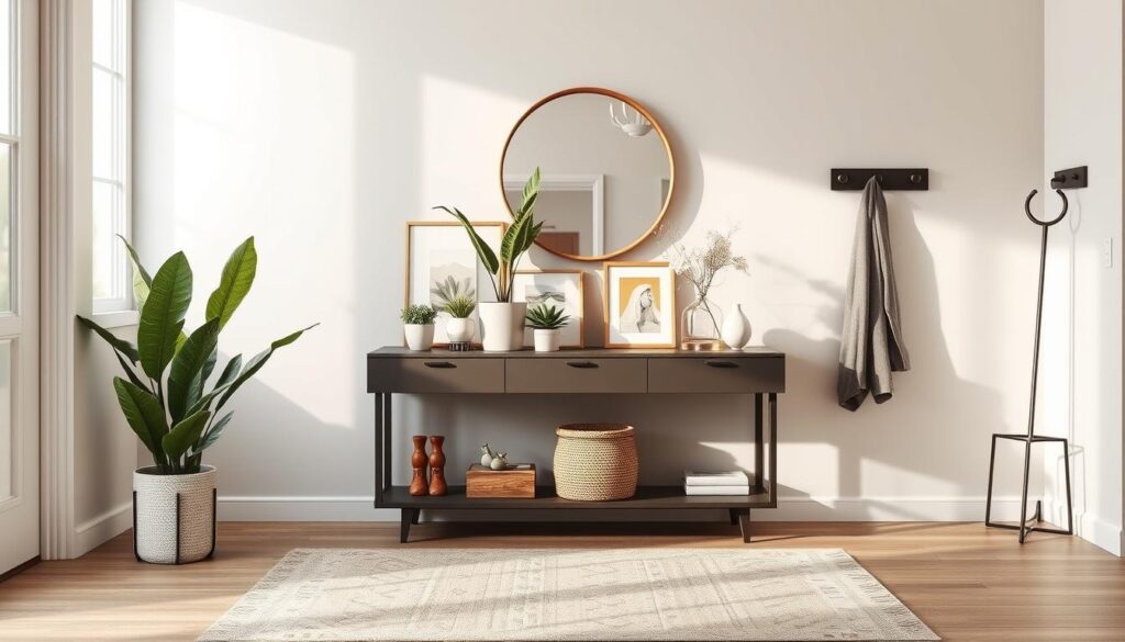 A stylish and modern entryway featuring a sleek console table adorned with carefully curated decorative objects. In the foreground, display a trendy arrangement of potted plants and a few eye-catching art pieces alongside a chic mirror. The middle ground showcases a contemporary rug that adds texture and warmth, complemented by soft, diffused natural light coming through a nearby window. The background features a stylish coat rack and a decorative umbrella stand, all against a soothing neutral-toned wall. The scene should evoke a welcoming and fashionable atmosphere, highlighting the latest trends in entryway decor. Capture this from a slight angle to emphasize depth and cohesion, with a focus on the aesthetic appeal of the accessories, using a warm and inviting color palette.