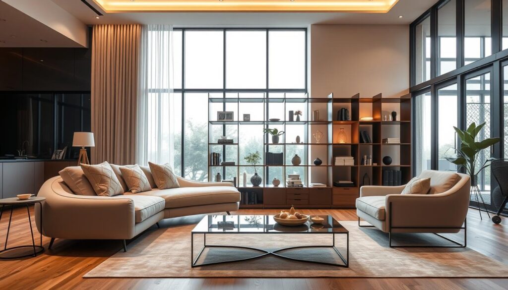 A stylish and modern living room for 2025, showcasing innovative furniture designs. In the foreground, a sleek, low-profile sofa in a muted pastel color, with geometric patterns on plush pillows. Nearby, a minimalist coffee table made of glass and metal, artistically designed to look lightweight yet sturdy. In the middle, a unique bookshelf that doubles as a room divider, featuring a mixture of open and closed storage spaces, adorned with curated decor items. The background features large windows allowing natural light to flood in, illuminating the space. Warm, inviting lighting complements the overall ambiance. The scene exudes a contemporary, cozy atmosphere, ideal for social gatherings and relaxation. High-resolution, wide-angle perspective to capture the full essence of the living space. A stylish and modern living room for 2025, showcasing innovative furniture designs. In the foreground, a sleek, low-profile sofa in a muted pastel color, with geometric patterns on plush pillows. Nearby, a minimalist coffee table made of glass and metal, artistically designed to look lightweight yet sturdy. In the middle, a unique bookshelf that doubles as a room divider, featuring a mixture of open and closed storage spaces, adorned with curated decor items. The background features large windows allowing natural light to flood in, illuminating the space. Warm, inviting lighting complements the overall ambiance. The scene exudes a contemporary, cozy atmosphere, ideal for social gatherings and relaxation. High-resolution, wide-angle perspective to capture the full essence of the living space.