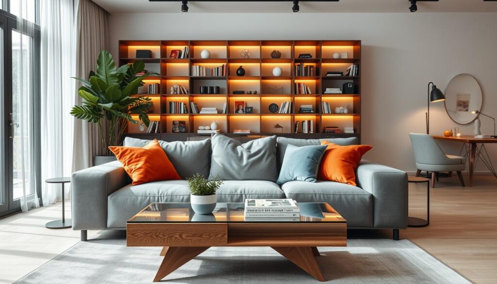 A stylish and modern living room interior featuring a carefully curated selection of furniture. In the foreground, a plush, contemporary sofa in soft gray fabric adorned with colorful throw pillows. A chic coffee table made of glass and natural wood sits in front, complemented by a large indoor plant nearby. In the middle-ground, an elegant bookshelf filled with books and decorative items, accentuated by warm ambient lighting. The background showcases a large window with sheer curtains, allowing natural light to flood in, enhancing the cozy atmosphere. The overall mood is inviting and trendy, emphasizing functional design elements. The scene is captured from a slightly elevated angle to showcase the depth and layout of the space, with soft shadows adding dimension. A stylish and modern living room interior featuring a carefully curated selection of furniture. In the foreground, a plush, contemporary sofa in soft gray fabric adorned with colorful throw pillows. A chic coffee table made of glass and natural wood sits in front, complemented by a large indoor plant nearby. In the middle-ground, an elegant bookshelf filled with books and decorative items, accentuated by warm ambient lighting. The background showcases a large window with sheer curtains, allowing natural light to flood in, enhancing the cozy atmosphere. The overall mood is inviting and trendy, emphasizing functional design elements. The scene is captured from a slightly elevated angle to showcase the depth and layout of the space, with soft shadows adding dimension.