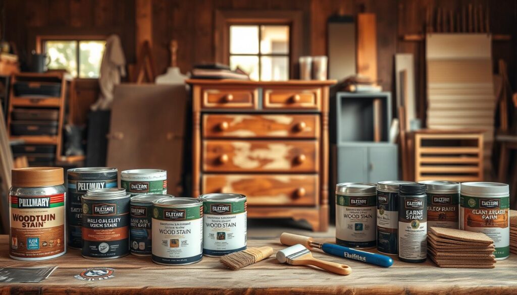 A stylish and organized display of various furniture renovation products on a wooden workbench. In the foreground, showcase an array of high-quality wood stains, paint cans in earthy colors, brushes, and sandpaper, neatly arranged. In the middle ground, a vintage wooden dresser partially sanded and awaiting transformation, with tools like a paintbrush and roller beside it. The background features soft natural lighting emanating from a window, casting warm hues that enhance the wooden elements. Set the scene in a cozy workshop, emphasizing a creative and DIY spirit, with wood textures and color swatches providing a harmonious atmosphere. The overall mood should be inviting and inspiring, encouraging a hands-on approach to furniture restoration.