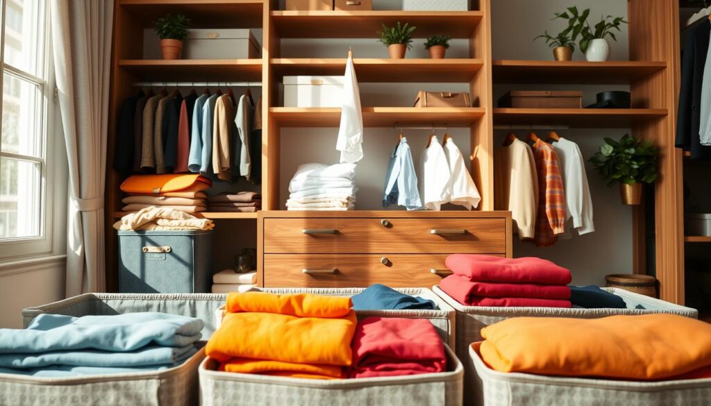A stylish and organized wardrobe space featuring various accessories for clothing storage. In the foreground, showcase neatly folded clothes in vibrant colors, placed within elegant fabric storage bins. The middle layer displays a classic wooden dresser with compartments, holding hangers and dividers for shirts. In the background, shelves adorned with decorative boxes and a few potted plants add a touch of freshness. Soft, natural lighting streams in from a nearby window, casting gentle shadows and creating a warm, inviting atmosphere. The scene should evoke a sense of calm and order, highlighting practical storage solutions for clothing organization. Use a slight overhead angle to capture the entire setup clearly, ensuring a spacious and uncluttered visual effect.