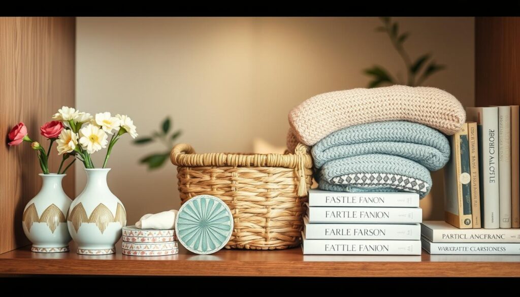 A stylish array of chic accessories and decorative items elegantly displayed on a wooden wardrobe shelf. In the foreground, include a pair of delicate ceramic vases with fresh flowers and a set of beautifully patterned coasters. In the middle ground, feature a woven basket holding colorful knit throws, alongside a few stacked fashion books with appealing covers. The background should show a softly lit, neutral-toned bedroom with a hint of greenery from an indoor plant visible. Use warm, natural light to create a cozy atmosphere, with a shallow depth of field to keep the focus on the accessories while slightly blurring the background. Aim for a polished, upscale aesthetic that conveys both practicality and elegance.