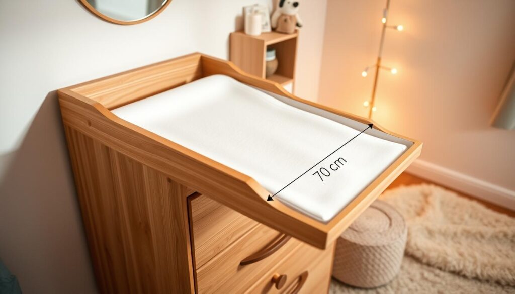 A stylish baby changing table integrated with a wooden dresser in a cozy nursery. The changing table features soft padding, and its dimensions are clearly visible: width of around 70 cm, depth of 50 cm, and height of 10 cm. The scene is softly lit with warm, ambient lighting enhancing the natural wood tones of the dresser. In the background, light pastel colors adorn the walls, and a plush rug adds warmth to the setting. A small shelf holds neatly organized baby care supplies, emphasizing functionality. The overall mood is calm and inviting, ideal for new parents choosing nursery furniture. The angle is slightly above eye level, focusing on the changing table while capturing the charm of the nursery environment.
