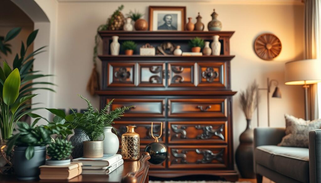A stylish high chest of drawers elegantly decorated with various ornaments in a cozy interior setting. In the foreground, showcase a collection of decorative items such as potted plants, artfully arranged books, and decorative vases in various styles: bohemian, modern, and rustic. The middle layer features the high chest itself, made of rich wood with intricate designs, reflecting soft, warm lighting. In the background, hint at a living room ambiance with subtle textures, including a soft rug and muted wall colors, creating a harmonious atmosphere. The lighting should be warm and inviting, accentuating the beauty of the decor. Capture this scene from a slight angle to emphasize the depth and character of the arrangement.