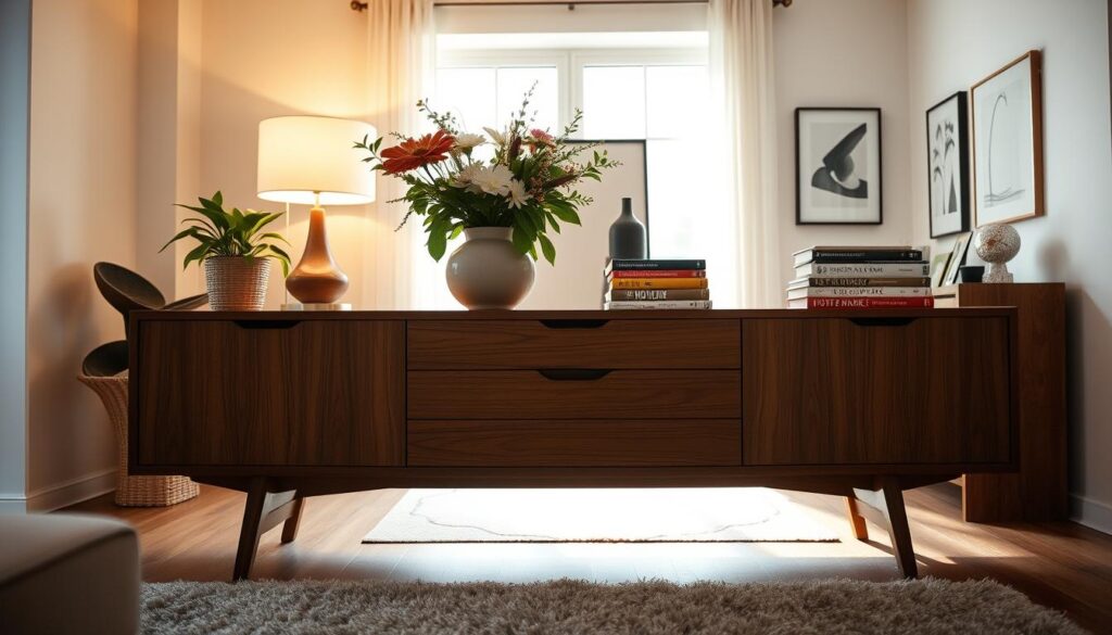 A stylish, high wooden dresser stands elegantly in a chic, modern living room. The foreground features the dresser adorned with a mixture of decorative and practical items: a vibrant green potted plant, a tasteful ceramic vase filled with fresh flowers, a stylish table lamp casting warm light, and an artful stack of colorful books. In the middle, soft natural light filters in through a large window, creating a cozy atmosphere. The background reveals a tastefully decorated wall with minimalistic art and a plush rug underfoot, contributing to the inviting ambiance. The perspective is slightly from above, giving a clear view of how to creatively arrange items on a high dresser. The overall mood is warm and stylish, perfect for inspiring decor.