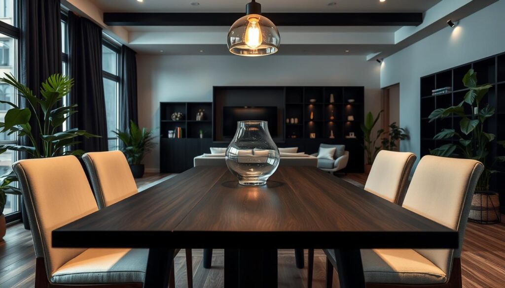 A stylish interior scene showcasing a blend of dark and light design elements. In the foreground, feature a contemporary dining table with a dark wood finish surrounded by light-colored chairs. The middle layer should include a stylish light fixture made of glass, casting a soft glow across the table. In the background, a modern living area with dark shelving units contrasts with light-colored walls. Incorporate lush greenery in the form of indoor plants to add vibrancy. The lighting is warm and inviting, creating a cozy atmosphere. Use a wide-angle lens perspective to capture the layout, emphasizing the harmony of dark and light elements in the décor.
