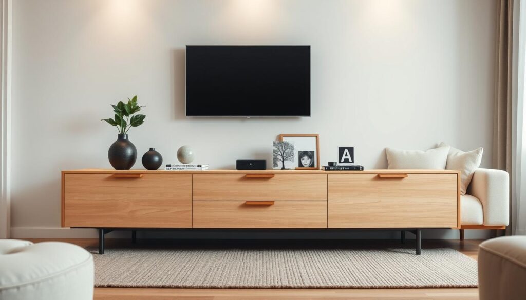 A stylish living room featuring a modern dresser under a television. In the foreground, the dresser is made of light wood and adorned with decorative items such as a small potted plant, a sleek vase, and a few art books. In the middle, the television is mounted on the wall, seamlessly blending with the decor. Soft lighting illuminates the space, creating a warm and inviting atmosphere. The background includes a cozy couch with light-colored cushions and a textured rug beneath, enhancing the overall aesthetics. The scene is captured from a slightly elevated angle to showcase the dresser's details and the elegant arrangement of items on it, conveying functionality and style.