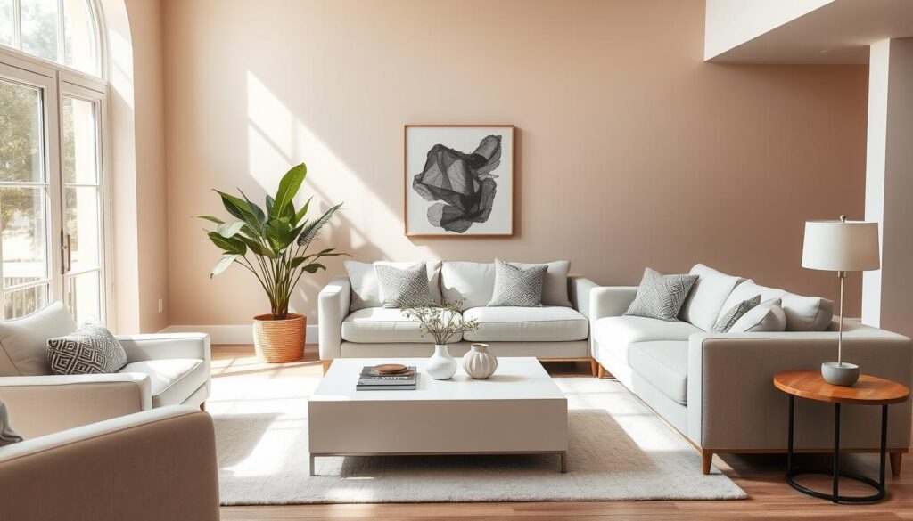 A stylish living room featuring a soft gray sofa and sleek white furniture. The walls are painted in a warm, muted color palette, such as light taupe or soft pastel shades, complementing the white furnishings while adding warmth. The layout showcases cozy décor elements like decorative cushions and a stylish coffee table. Natural light floods the space through a large window, emphasizing the inviting atmosphere. A potted plant in the corner adds a touch of greenery, enhancing the welcoming vibe. The angle should capture the room from a slightly elevated perspective, highlighting the harmonious color scheme and the relationship between the wall colors and furniture. The overall mood is serene and modern, ideal for an elegant home interior.