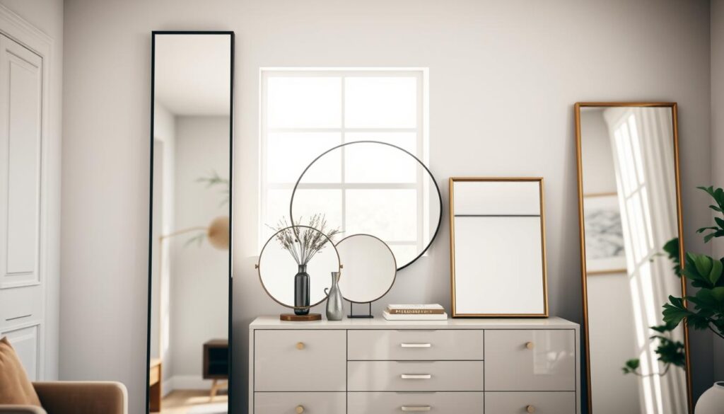 A stylish living room featuring a variety of mirrors above a sleek, elegant dresser, highlighting different optimal sizes. In the foreground, a tall, full-length mirror reflects the light, positioned next to a chic dresser adorned with tasteful decor. In the middle ground, a smaller round mirror complements the dresser, while a rectangular mirror leans casually against the wall. The background showcases soft, natural light streaming through a window, creating a warm and inviting atmosphere. The lens captures the scene with a slight depth of field to emphasize the mirrors and dresser. Overall, the mood is modern and serene, ideal for inspiring readers to consider the best mirror sizes for their own spaces.
