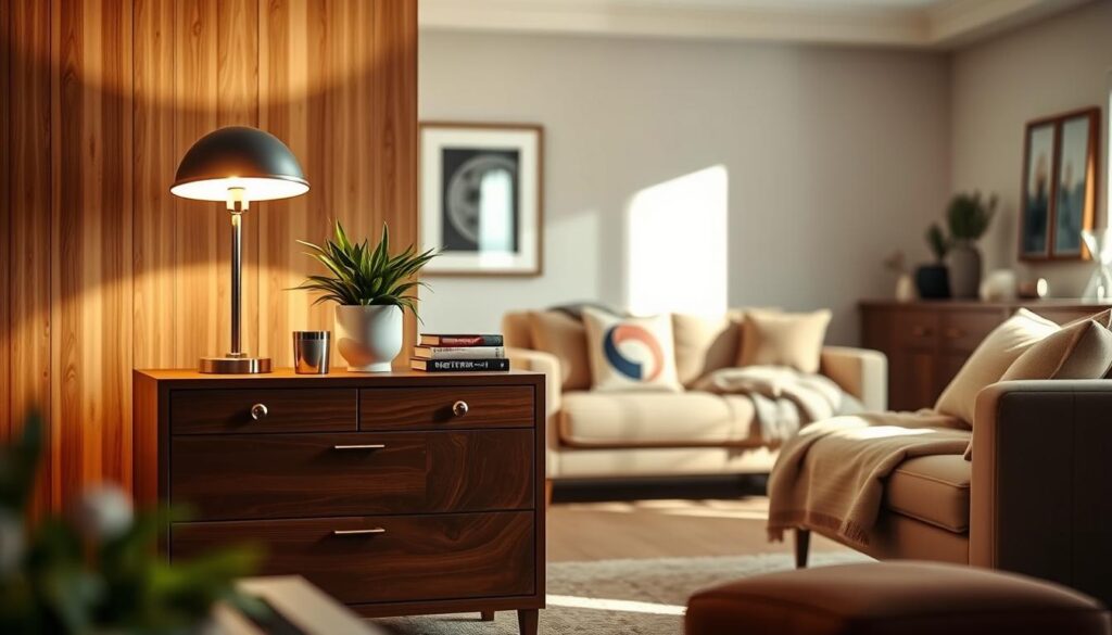 A stylish living room featuring a well-decorated wooden commode, set against a warm, inviting backdrop. In the foreground, the commode is adorned with a mix of decorative elements: a sleek table lamp casting soft, ambient light, a potted green plant adding a touch of nature, and a few carefully arranged books or decorative boxes. In the middle ground, a plush sofa sits opposite the commode, draped with cozy blankets. The background reveals a tastefully designed wall, perhaps with framed artwork or a mirror reflecting light. Soft, natural sunlight streams through a window, creating a serene, tranquil atmosphere. The overall mood is modern and chic, emphasizing contemporary interior decoration ideas.
