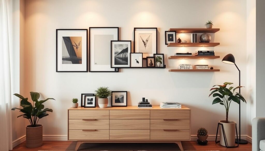 A stylish living room interior featuring a beautifully decorated wall above a modern chest of drawers. The foreground includes a chic, minimalist wooden chest in a light finish, adorned with decorative objects such as potted plants and elegant picture frames. In the middle ground, the wall is embellished with a tasteful gallery of framed artwork, including abstract prints and photographs, alongside floating shelves filled with books and small decorative items. The background shows soft, warm lighting casting a cozy atmosphere, creating depth and inviting the viewer in. The room is decorated in neutral tones with pops of color from the decor, evoking a blend of contemporary and practical design styles ideal for interior inspiration.