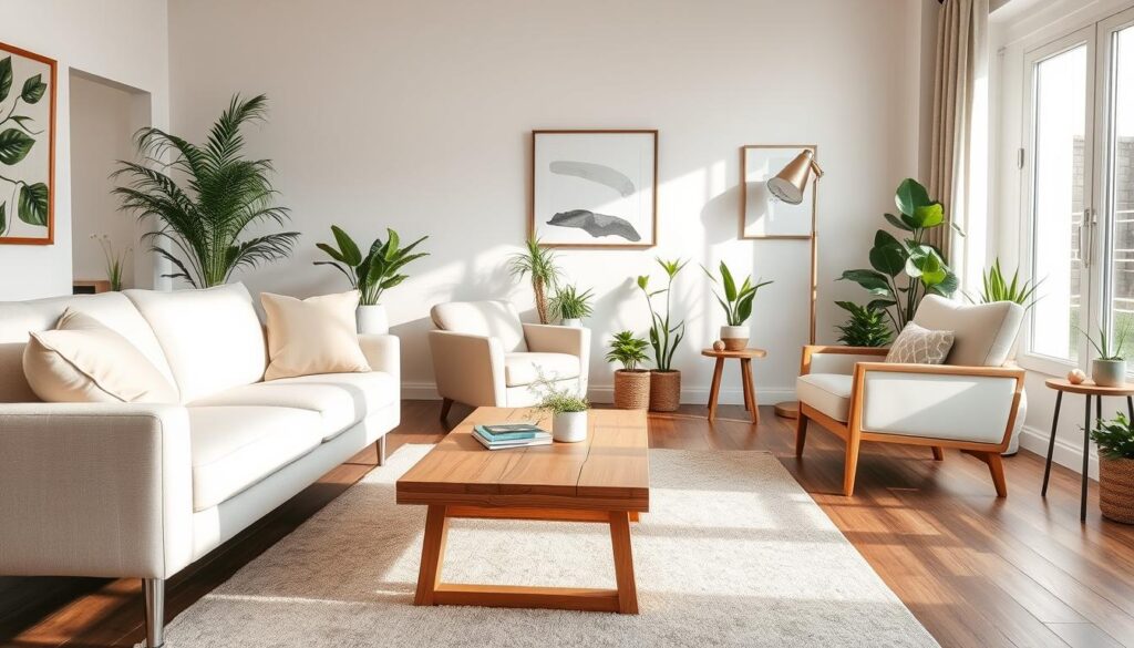 A stylish living room showcasing affordable furniture, emphasizing a cozy, modern aesthetic. In the foreground, a sleek, light-colored sofa adorned with soft cushions in pastel hues, paired with a minimalist coffee table made of natural wood. The middle ground features a chic armchair, a decorative area rug, and vibrant potted plants enhancing the space's warmth. The background includes soft lighting from a contemporary floor lamp and wall art that adds personality without being overpowering. The scene is bright and inviting, illuminated by natural daylight streaming through a large window, creating a relaxed atmosphere perfect for a budget-friendly living space. The angle captures the essence of a well-designed, economical home environment.