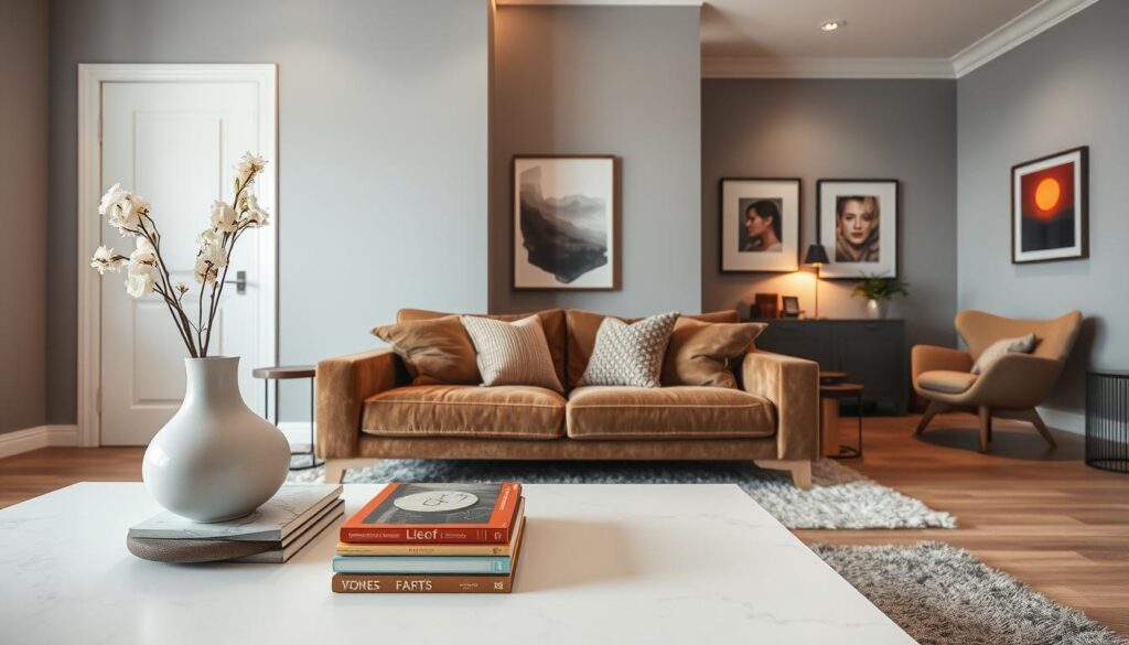 A stylish, modern interior featuring gray walls and brown furniture. In the foreground, a sleek coffee table adorned with decorative items like a sculptural vase with fresh flowers and a stack of art books. The middle layer includes a plush brown sofa with textured cushions and a trendy area rug that adds warmth. In the background, a softly lit wall with framed art pieces that complement the color scheme, and a cozy reading nook with a stylish armchair. The lighting is warm and inviting, creating a serene atmosphere. Capture this scene with a wide angle, emphasizing the harmony of colors and textures, evoking a sense of comfort and elegance.