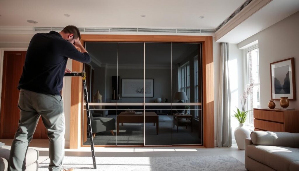A stylish, modern interior showcasing a vast sliding wardrobe installation in a well-lit room. In the foreground, a professional installer in smart casual clothing carefully measures and aligns parts of the wardrobe. The middle of the image features the half-assembled sliding wardrobe with sleek glass and wood finishes, highlighting contemporary design. In the background, bright natural light streams through large windows, illuminating elegant décor elements like potted plants and wall art. The atmosphere is inviting and professional, reflecting a sense of organization and expertise in home improvement. The scene is captured from a slightly elevated angle, emphasizing the installation process and the elegant features of the wardrobe.