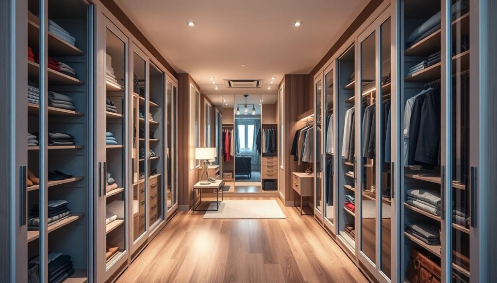 A stylish, modern wardrobe interior showcasing the latest trends in closets. In the foreground, elegant wardrobe doors, open to reveal neatly organized shelves filled with colorful clothing, accessories, and neatly folded items. The middle ground features a sleek dressing area with a full-length mirror and contemporary lighting fixtures, casting a warm, inviting glow on the space. The background reflects a chic, minimalist aesthetic with soft tones and natural materials like wood and metal accents. The atmosphere is sophisticated and inspiring, perfect for showcasing fashion-forward design choices. The scene is well-lit, with soft shadows enhancing the textures of the materials, shot from a slightly high angle to capture the depth and creativity of the wardrobe layout.