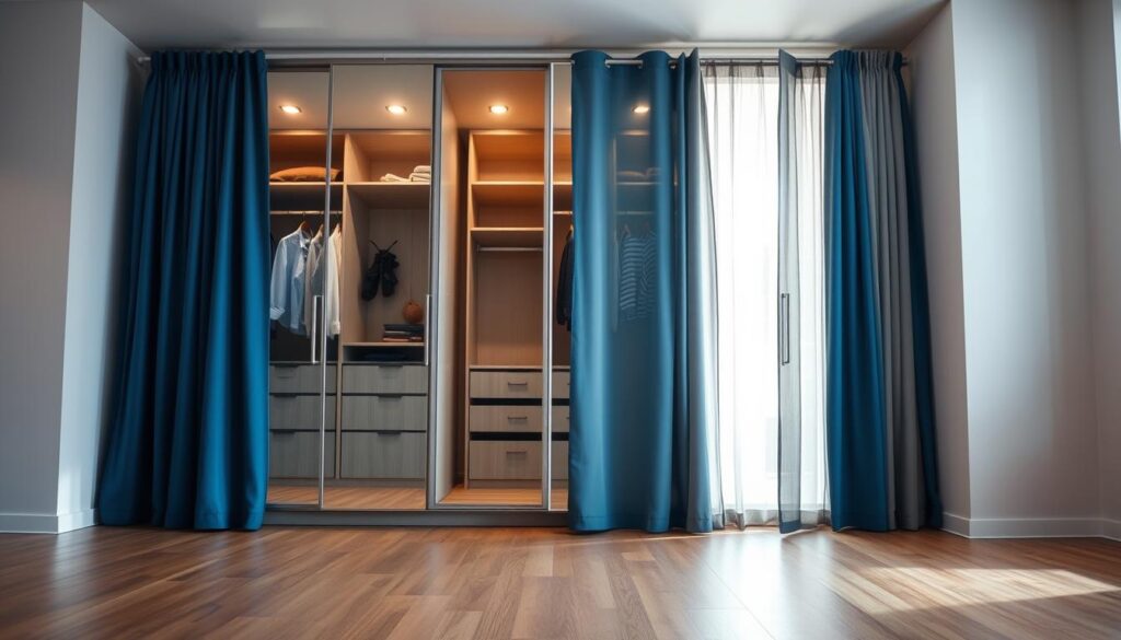 A stylish, modern wardrobe with elegant fabric curtains instead of traditional doors, showcasing vibrant colors like deep blue and light gray. The curtains are soft and flowing, partially opened to reveal neatly organized shelves and hanging space inside. In the foreground, a sleek wooden floor complements the wardrobe design, while in the middle ground, the wardrobe stands prominently against a minimalist backdrop with soft, ambient lighting. The room is well-lit, creating a warm and inviting atmosphere, with hints of natural light filtering through a nearby window. The lens angle captures the wardrobe at a slight elevation, emphasizing the spaciousness and functionality of this practical alternative to traditional closet doors. The overall mood is contemporary and sophisticated, ideal for showcasing innovative storage solutions.