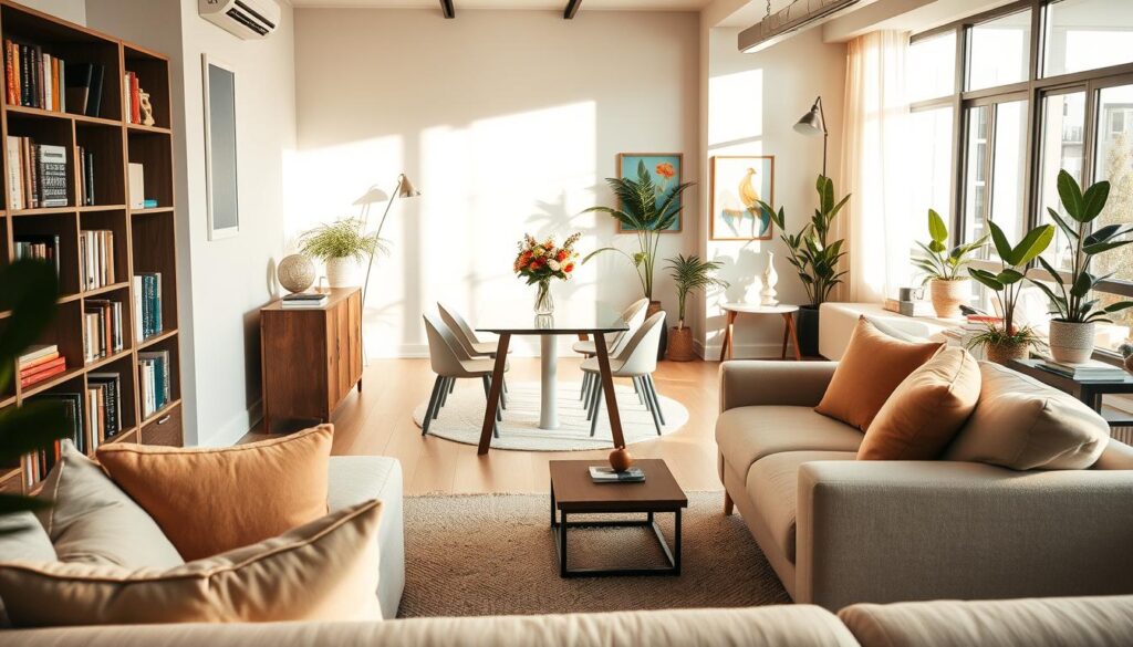 A stylish room divided into distinct yet harmonious spaces, showcasing creative decoration ideas. In the foreground, a cozy reading nook adorned with plush cushions and a small bookshelf filled with colorful books. In the middle, a minimalist dining area featuring a sleek table set for two, surrounded by modern chairs and a tasteful centerpiece of fresh flowers. In the background, an open and airy living area with a soft, inviting sofa, bright artwork on the walls, and plants enhancing the atmosphere. The lighting is warm and natural, flooding through large windows, casting soft shadows. Capture this scene from a slightly elevated angle to highlight the space division and decoration, creating a serene and inspiring mood that encourages creativity in interior design.