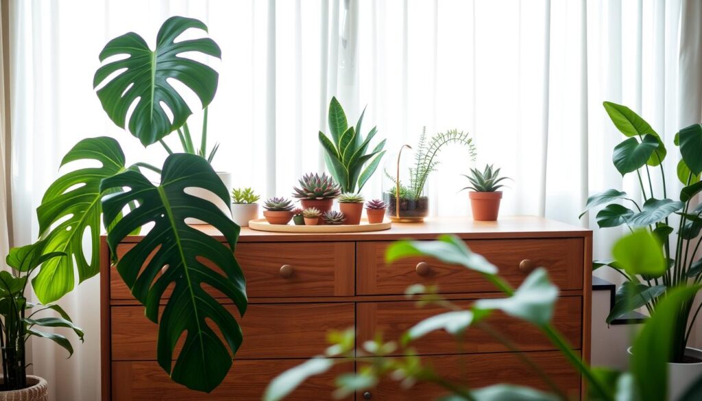 A stylish wooden commode in a modern living room, adorned with various lush indoor plants. In the foreground, a striking monstera plant with large green leaves cascades elegantly over the edge of the commode. In the middle, a vibrant collection of potted succulents and a delicate fern add texture and color, while a small, artistic terrarium brings a bespoke touch. In the background, soft natural light filters through sheer curtains, casting gentle shadows and creating a warm, inviting atmosphere. The scene is captured from a slightly elevated angle, allowing viewers to appreciate the harmonious arrangement of the plants and the commode. The overall mood is calming, with an emphasis on natural beauty and tranquil home decor.