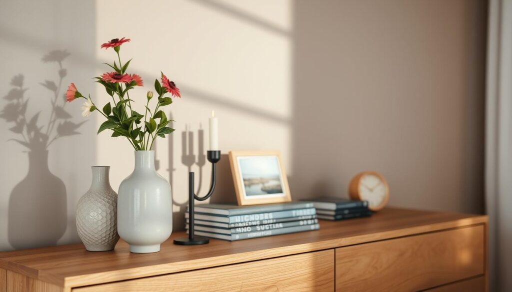 A stylish wooden dresser adorned with a harmonious arrangement of practical and decorative items. In the foreground, an elegant ceramic vase with fresh flowers adds a splash of color. Beside it, a sleek candle holder with lit candles casts a warm glow. In the middle ground, a stack of decorative books lies harmoniously alongside a small, framed artwork of a serene landscape. The background features a soft-focus wall with a muted color, enhancing the warmth and coziness of the scene. The lighting is soft and inviting, reminiscent of late afternoon sunlight filtering through a window, creating gentle shadows. The overall mood is one of tranquility and stylish decor, perfect for a modern living space.