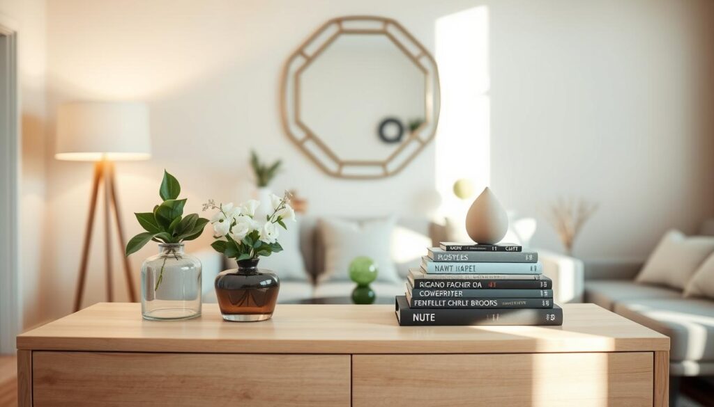 A stylishly decorated dresser in a cozy, modern living room. In the foreground, the dresser features a minimalist design with a smooth, light wood finish, adorned with an elegant arrangement of decor items: a small potted plant, a decorative vase with fresh flowers, and a stack of stylish coffee table books. In the middle, a chic mirror reflects soft, ambient lighting from a nearby lamp. The background showcases a tastefully designed room with pastel-colored walls, adding warmth and serenity. The scene is well-lit, with natural light streaming through a window, casting gentle shadows. The overall mood is inviting and harmonious, perfect for inspiring practical decor ideas.