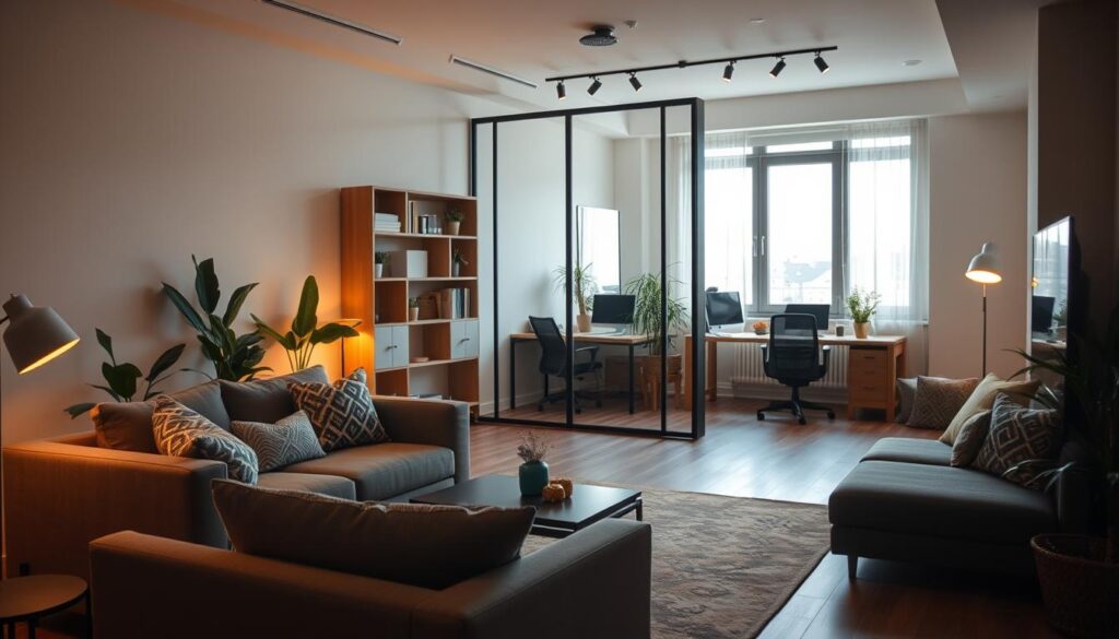 A stylishly divided room showcasing an innovative furniture arrangement, focusing on functionality and aesthetic appeal. In the foreground, a cozy seating area features a modern sofa with decorative cushions, accompanied by a coffee table. The middle of the scene illustrates a clearly defined workspace with a sleek desk, ergonomic chair, and organized shelves, demonstrating effective use of space. In the background, a large window allows natural light to flood the room, enhancing the inviting atmosphere. Soft, warm lighting creates a welcoming mood, while indoor plants add a touch of freshness. The overall composition emphasizes the concept of dividing a room creatively and practically, perfect for inspiring viewers looking for effective interior design solutions.