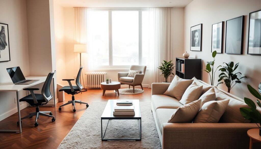 A stylishly organized room showcasing an ergonomic furniture arrangement. In the foreground, a comfortable sofa with plush cushions is centered, accompanied by a sleek coffee table adorned with a few books. To the left, a modern ergonomic office chair is positioned at a minimalist desk with a laptop. In the middle ground, a cozy reading nook features a comfortable armchair beside a floor lamp, creating a warm ambiance. The background reveals a large window with soft, natural light illuminating the space, enhancing the cozy atmosphere. The walls are painted in soothing pastel colors, complemented by minimalist artwork. Capture this scene from a slightly elevated angle to provide a comprehensive view of the interior design and furniture layout, ensuring a harmonious blend of functionality and aesthetic appeal.