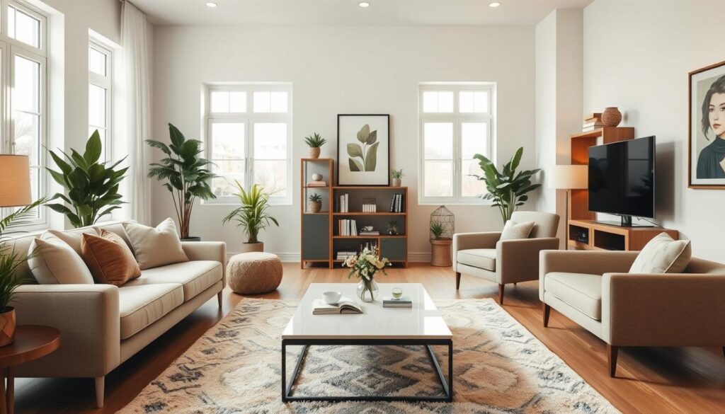 A thoughtfully arranged living room interior, showcasing a harmonious blend of ergonomics and aesthetics. In the foreground, a cozy sofa with accent pillows faces a sleek coffee table, surrounded by a plush rug. The middle ground features a stylish armchair and a decorative bookshelf filled with books and plants. The background is adorned with soft, natural lighting coming through large windows, illuminating light-colored walls adorned with tasteful artwork. The atmosphere is warm and inviting, with a calming color palette of soft whites, beiges, and muted greens. The angle captures the room from a slightly elevated perspective, emphasizing space and flow, while creating an overall sense of tranquility and modern design.