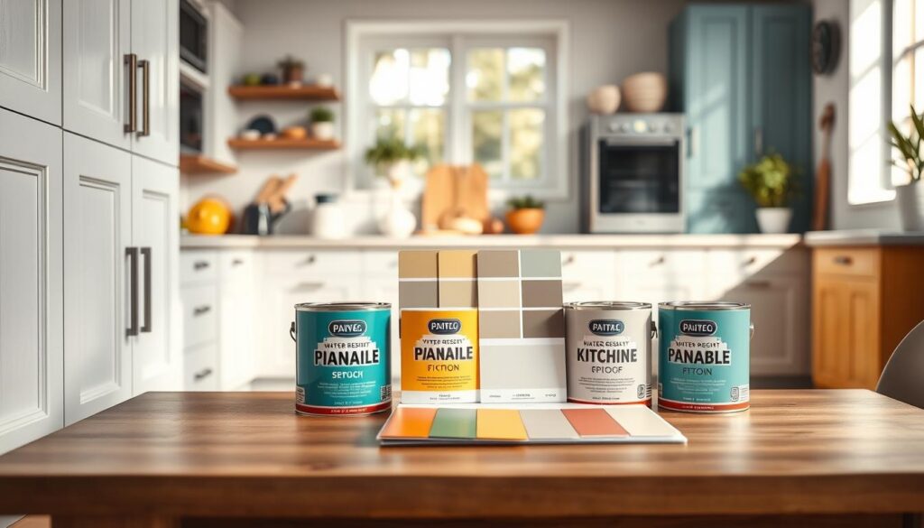 A vibrant and carefully styled kitchen setting showcasing different types of paints designed for kitchen furniture. In the foreground, a sleek wooden kitchen cabinet, painted in a glossy white, with subtle reflections highlighting its durable finish. On the table, various paint cans in vibrant colors like deep teal, mustard yellow, and soft gray, each labeled with characteristics such as "water-resistant," "scratch-proof," and "easy to clean." The middle ground features a color swatch display against a backdrop of a warmly lit kitchen space, complete with modern appliances and subtle decor elements. Natural light streams in through a window, casting soft shadows and creating a cheerful ambiance. The overall mood should be inviting and imaginative, inspiring homeowners to visualize their kitchen transformation.
