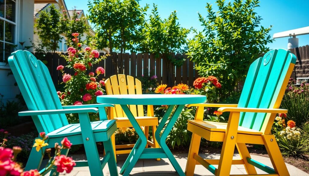 A vibrant garden scene showcasing beautifully painted outdoor furniture, including a table and chairs, arranged in a cozy setting. The foreground features the furniture with bright, weather-resistant colors like teal and sunny yellow, exhibiting textures that reflect their durability. In the middle ground, lush green plants and colorful flowers frame the scene, adding a lively feel. The background displays a clear blue sky, filtering warm sunlight that casts soft shadows, enhancing the atmosphere of a serene outdoor space. The angle is slightly elevated, giving a broad view of the garden's charm and emphasizing the value of refreshing outdoor furniture through painting. The mood is inviting and cheerful, perfect for a tranquil day outdoors.