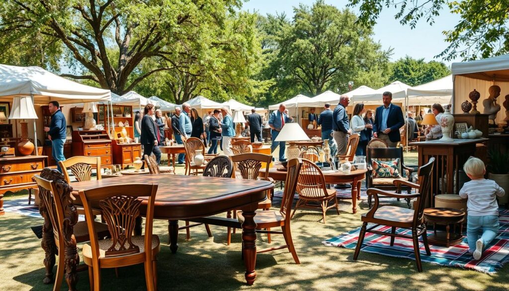 A vibrant outdoor antique fair filled with an array of vintage furniture and collectibles from the PRL era. In the foreground, a beautifully restored wooden table with intricate carvings, accompanied by mismatched chairs showcasing unique designs. In the middle ground, vendors display an assortment of retro lamps, ceramic vases, and classic household items on colorful blankets. Attendees, dressed in smart casual attire, examine the items with curiosity and enthusiasm. The background features bustling stalls under a clear blue sky, with trees providing dappled sunlight that enhances the warm, nostalgic atmosphere. The scene captures the essence of discovery and appreciation for vintage treasures, with soft focus and a slightly elevated angle to provide depth and perspective.