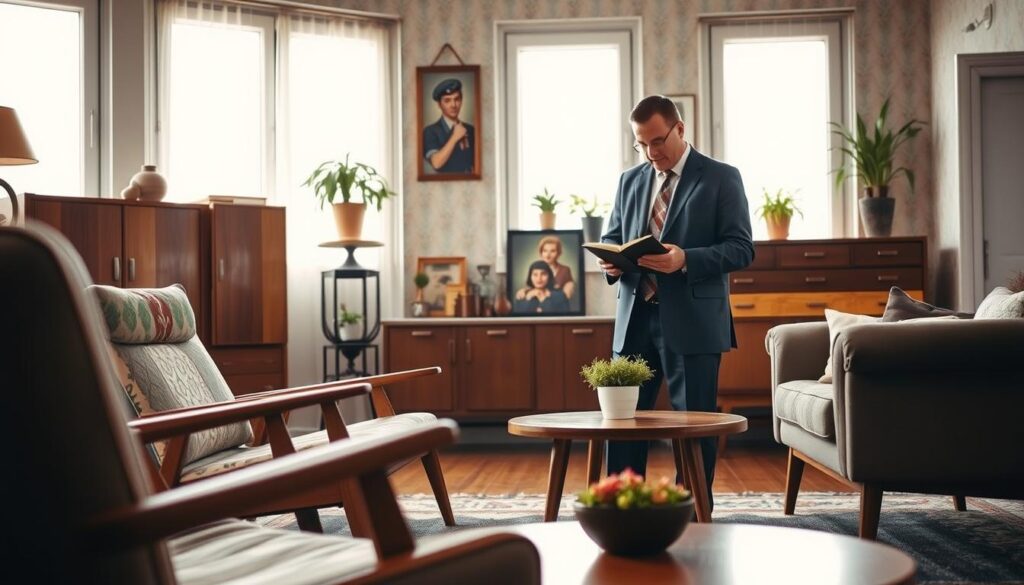 A vintage furniture scene featuring iconic PRL (People's Republic of Poland) furniture pieces, such as a stylish wooden armchair, a classic sideboard, and a retro coffee table, arranged in a cozy, well-lit living room setting. The foreground showcases the intricate design details of the furniture, highlighting its craftsmanship and materials. In the middle ground, a knowledgeable appraiser in professional attire examines a piece with a handheld measuring tool and notebook, surrounded by soft natural light coming through large windows. The background includes a subtle glimpse of a retro wallpaper and potted plants to evoke a nostalgic atmosphere. The mood is inviting, emphasizing the charm of PRL-era design and the expert evaluation process.