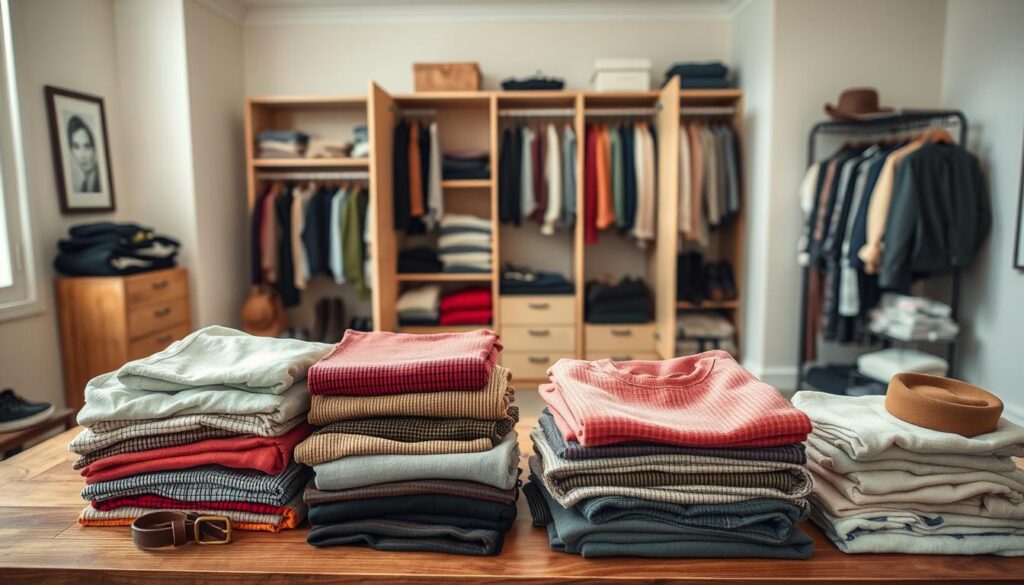 A visually organized room showcasing the initial sorting of clothing and accessories. In the foreground, several neat piles of clothes in various colors and textures, including shirts, pants, and scarves, are displayed on a wooden table. A few accessories like belts and hats are arranged attractively beside them. In the middle ground, an open wardrobe reveals well-organized compartments filled with neatly folded garments and hanging items. The background features soft, diffused natural lighting coming through a window, casting gentle shadows that add depth. The atmosphere is calm and inviting, emphasizing orderliness and functionality. The scene is shot from a slightly elevated angle, creating an engaging perspective that draws viewers into the space.