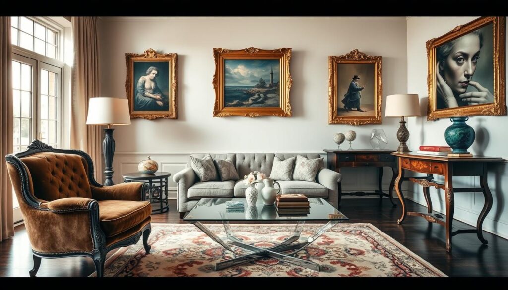 A visually striking living room that harmoniously blends antique and modern elements. In the foreground, a beautifully restored vintage armchair upholstered in rich velvet sits beside a sleek glass coffee table with geometric designs. In the middle, a contemporary sofa in neutral tones contrasts elegantly with ornate, gold-framed artworks hanging on the walls. An antique wooden side table adorned with decorative vases and books adds warmth. The background features large windows allowing soft, natural light to flood the space, creating an inviting atmosphere. The scene is captured from a slightly elevated angle, enhancing the depth and inviting viewers to feel the elegant balance of old and new in the interior design.