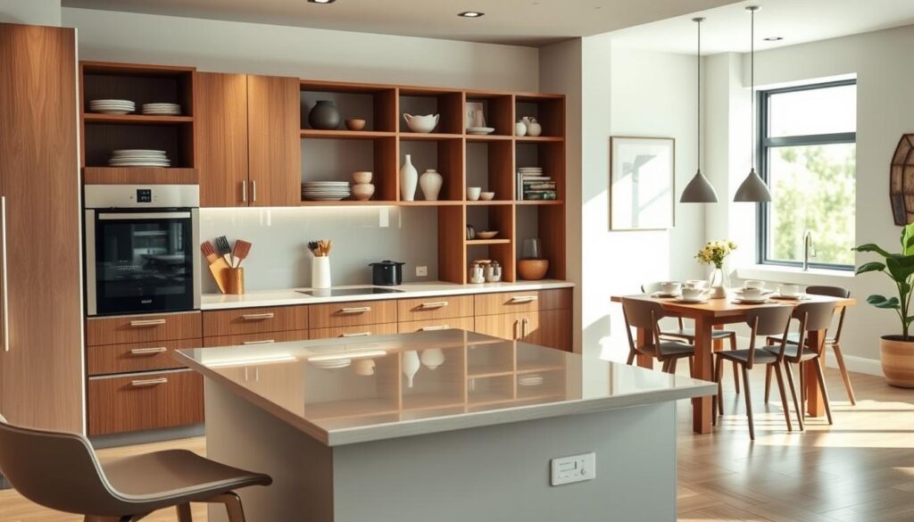 A well-appointed kitchen featuring ready-to-assemble furniture sets, showcasing a modern aesthetic. In the foreground, there is a stylish island with a glossy countertop, accompanied by sleek bar stools. The middle ground displays a combination of cabinets and open shelves, showcasing a balanced arrangement of dishware and decorative items. The background features a cozy dining area with a wooden table set for a meal, creating a warm and inviting atmosphere. The scene is illuminated by soft, natural light filtering through a window, enhancing the colors of the furniture and accessories. The camera angle is slightly elevated, capturing a comprehensive view of the space without any people present, evoking a sense of harmony and practicality in kitchen design.