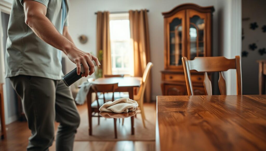 A well-lit and inviting interior scene showcasing a person in modest casual clothing carefully cleaning a wooden furniture surface. In the foreground, the individual is using a soft cloth and wood cleaner, illustrating the action of polishing and restoring the shine of the wood. The middle ground features various types of wooden furniture, including a polished dining table and a vintage chair, subtly showing different wood grains and finishes. In the background, soft natural light filters through a window, casting a warm glow on the scene, enhancing the homey atmosphere. The overall mood is serene and focused, emphasizing a sense of care and meticulous attention to cleaning and maintaining wooden furniture.