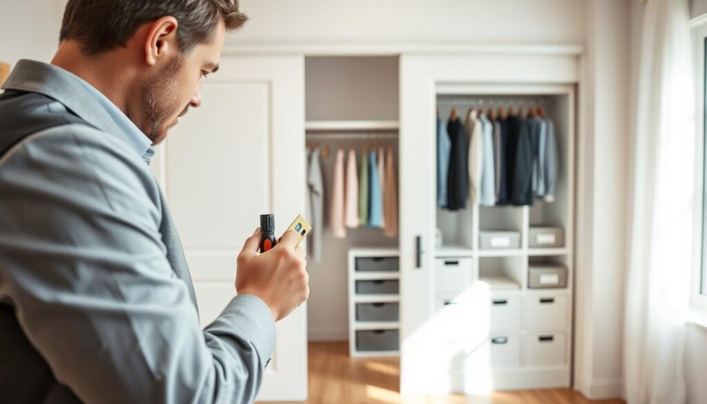 A well-lit home interior scene featuring an organized closet with sliding doors. In the foreground, a person dressed in professional business attire is carefully inspecting a sliding door mechanism, holding tools like a screwdriver and a level. The person has a focused expression, showing determination to repair the doors. The middle layer showcases the sliding doors partially opened, revealing neatly hung clothes and a few shelves with storage boxes. In the background, a bright and airy room with soft natural light filtering through a window, casting gentle shadows on the floor, creating an atmosphere of productivity and craftsmanship. The overall mood is practical, emphasizing the step-by-step process of fixing the doors.