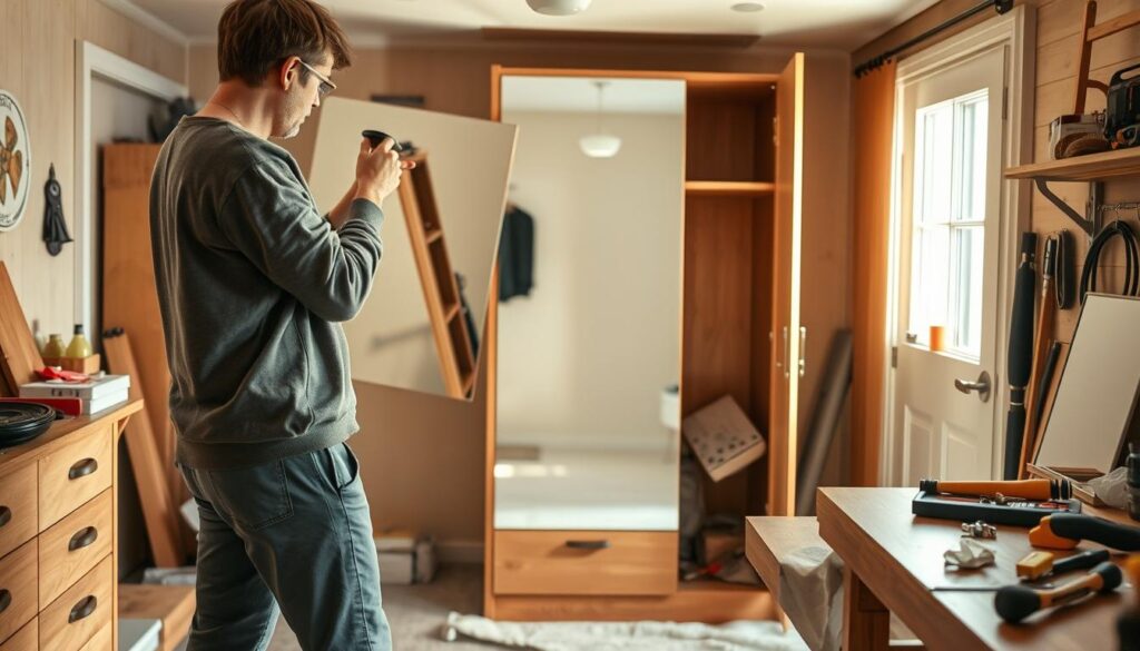 A well-lit interior of a cozy home workshop. In the foreground, a person is carefully removing a mirror from a wardrobe using specialized tools like a suction cup and a putty knife, wearing modest casual clothing for safety. The middle ground features an open wardrobe with the mirror partially detached and protective padding on the floor. Surrounding elements include various tools neatly arranged on a workbench, soft natural light filtering through a nearby window, accentuating the warm, practical atmosphere. The overall mood is focused and serene, illustrating the safe methods for mirror removal without damage. The image avoids any distractions, ensuring a clear focus on the task at hand.
