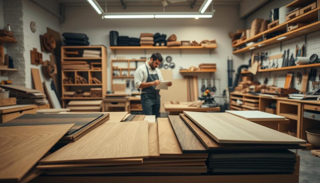 A well-lit interior workshop showcasing a variety of furniture materials. In the foreground, a collection of wood samples displaying different textures and finishes—oak, walnut, and laminate—arranged neatly on a workbench. The middle ground features a craftsman in professional attire examining a piece of fabric, with upholstery options like leather and cotton visible on a side table. In the background, shelves lined with various hardware items and tools, casting soft shadows under warm overhead lighting. The atmosphere is focused and creative, emphasizing quality craftsmanship. The angle is slightly high, allowing an overview of materials and the artisan’s work process, evoking a sense of inspiration and dedication to design.