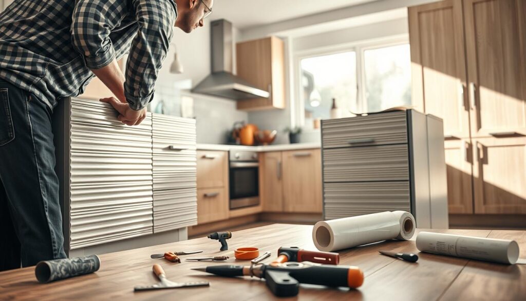 A well-lit kitchen scene showcasing a step-by-step process of wrapping kitchen furniture with groove-patterned adhesive film. In the foreground, a skilled artisan in professional casual attire carefully aligns the film along the edges of a sleek cabinet with grooves. The middle ground features an array of tools such as a cutting blade, smoothing tool, and a roll of the adhesive film, each in organized disarray. The background reveals a tastefully modern kitchen with light wood cabinets and bright, natural light streaming through a window, casting shadows that enhance the texture of the surfaces. The overall atmosphere is one of focus and creativity, capturing the essence of DIY home improvement.