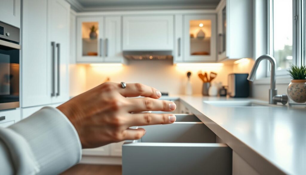 A well-lit modern kitchen featuring stylish white cabinetry with various sleek handles, showcasing their functionality. In the foreground, focus on a close-up of hands opening a drawer with a contemporary handle, displaying user-friendly ergonomic design. The middle ground includes a vibrant countertop with kitchen tools artfully arranged, highlighting the practicality of the space. In the background, softly illuminated cabinets glisten, creating an inviting atmosphere. The warm, natural light filters through a window, enhancing the clean, minimal aesthetic of the kitchen. Use a slight depth of field to emphasize the handles while keeping the overall kitchen view clear and appealing. The mood is contemporary and functional, ideal for illustrating the importance of handle choices in modern kitchen design.