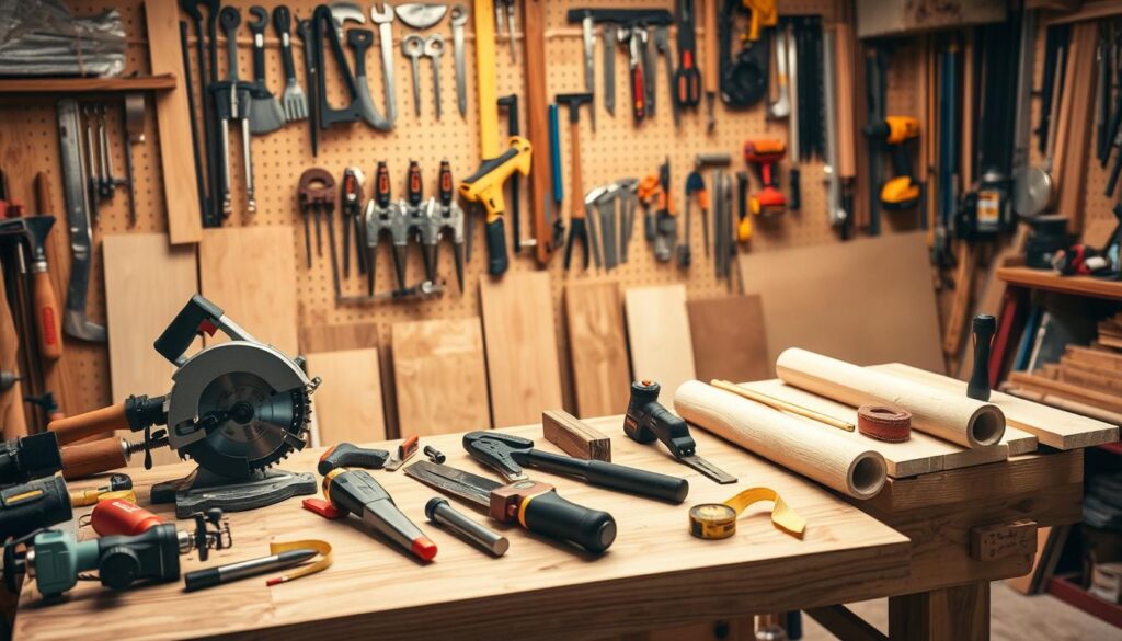 A well-lit woodworking workshop showcasing essential carpentry tools. In the foreground, a sturdy wooden workbench displayed with an array of tools including a circular saw, chisels, a square, clamps, a tape measure, and a sandpaper roll. The middle ground features wooden boards ready for assembly, highlighting the craftsmanship involved. In the background, a wall filled with hanging tools such as a level, saw blades, and a drill, emphasizing a practical and organized workspace. Soft, warm lighting creates a welcoming atmosphere, enhancing the focus on the tools. The scene is captured from a slightly elevated angle, providing a clear view of the workspace and tools, promoting a sense of motivation and creativity. A well-lit woodworking workshop showcasing essential carpentry tools. In the foreground, a sturdy wooden workbench displayed with an array of tools including a circular saw, chisels, a square, clamps, a tape measure, and a sandpaper roll. The middle ground features wooden boards ready for assembly, highlighting the craftsmanship involved. In the background, a wall filled with hanging tools such as a level, saw blades, and a drill, emphasizing a practical and organized workspace. Soft, warm lighting creates a welcoming atmosphere, enhancing the focus on the tools. The scene is captured from a slightly elevated angle, providing a clear view of the workspace and tools, promoting a sense of motivation and creativity.