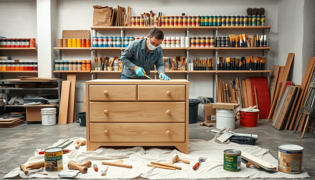 A well-lit workshop scene focused on preparing a wooden dresser for painting. In the foreground, a wooden dresser stands on a drop cloth, surrounded by paint supplies such as brushes, rollers, and a can of paint. Tools like sandpaper and a paint scraper are scattered around. In the middle, a person dressed in a modest casual shirt and jeans, wearing gloves and a mask, is sanding the surface of the dresser, concentrating on their task. In the background, shelves lined with various colors of paint and brushes create an organized yet creative atmosphere. The lighting is bright and even, emphasizing the textures of the wood and the supplies, creating a productive and inspirational mood in the workshop.