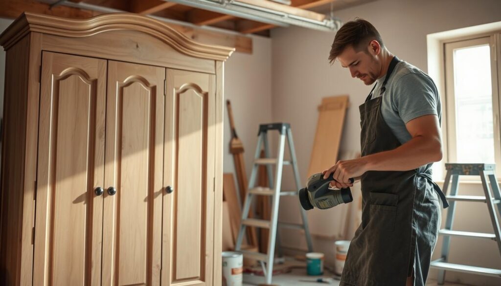 A well-lit workshop setting with a focus on a wooden wardrobe made from particle board, showing its original worn-out finish. In the foreground, a professional-looking individual in a stylized apron, carefully sanding the surface of the wardrobe with a power sander, showcasing techniques of restoration. In the middle background, tools like paintbrushes, cans of wood finish, and a step ladder are laid out neatly, emphasizing an organized workspace. The background features soft natural lighting streaming in through a window, creating a warm and inviting atmosphere. The overall mood reflects a sense of creativity and focus, ideal for a practical DIY guide on furniture restoration.