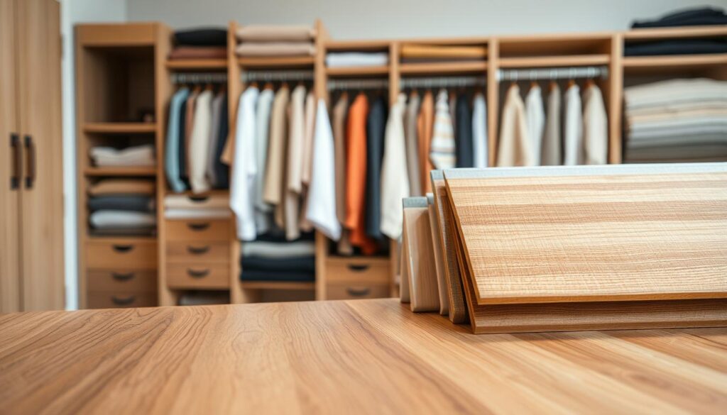A well-organized display of materials used for custom wardrobe construction, featuring an array of high-quality samples like wood veneers, laminates, and fabrics arranged aesthetically on a workspace. In the foreground, a close-up of textured wood finishes reflects natural grain patterns, conveying craftsmanship. The middle ground shows a variety of colors and textures, including soft fabrics and polished surfaces, creating a visual palette. The background features soft, diffused lighting to evoke a calm and professional atmosphere, highlighting the materials without harsh shadows. The image captures the essence of quality and variety, giving a sense of depth and detail in the world of custom wardrobe materials, focusing on factors influencing costs.